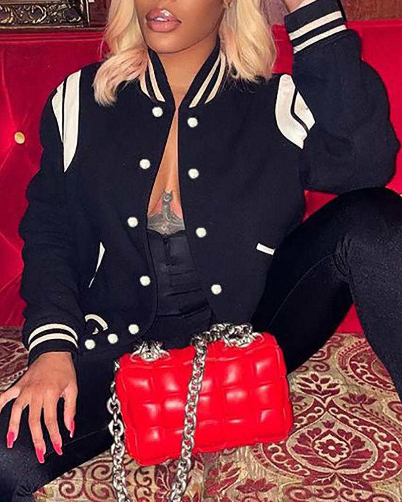 

Button Design Striped Baseball Jacket, Black