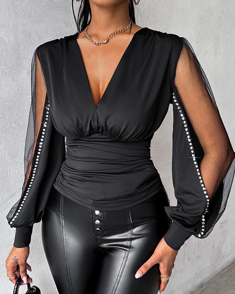 

Plunge Sheer Mesh Patch Rhinestone Top, Black