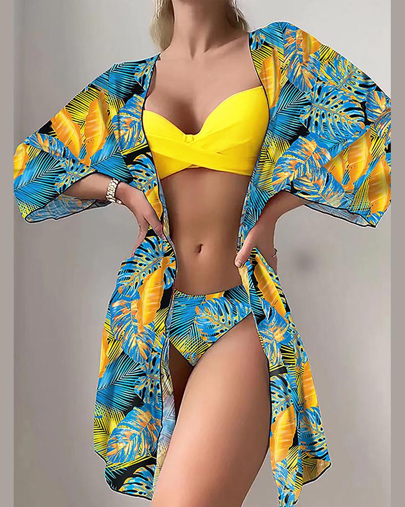 

3PCS Tropical Print Crisscross Bikini Set With Cover Up, Yellow