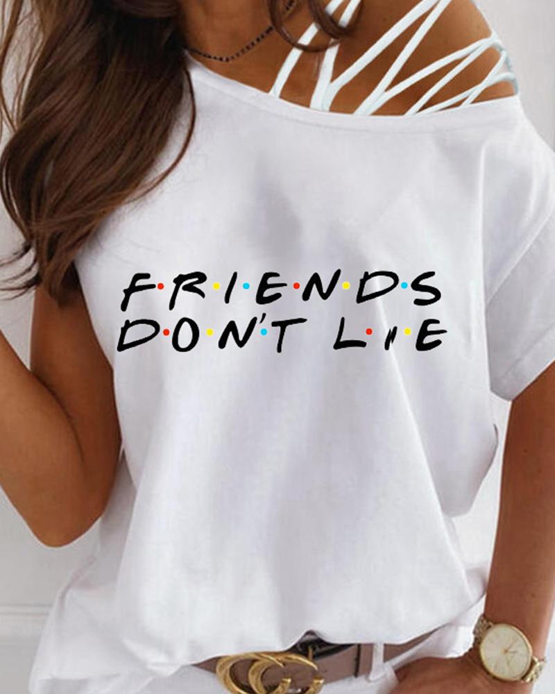 

Slash Neck Lace-up Letter Print T-shirt, White