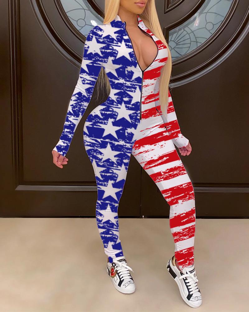 

Flag Print Colorblock Zipper Design Jumpsuit, Blue