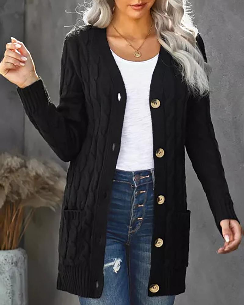 

Pocket Button Design Long Sleeve Braided Knit Cardigan, Black