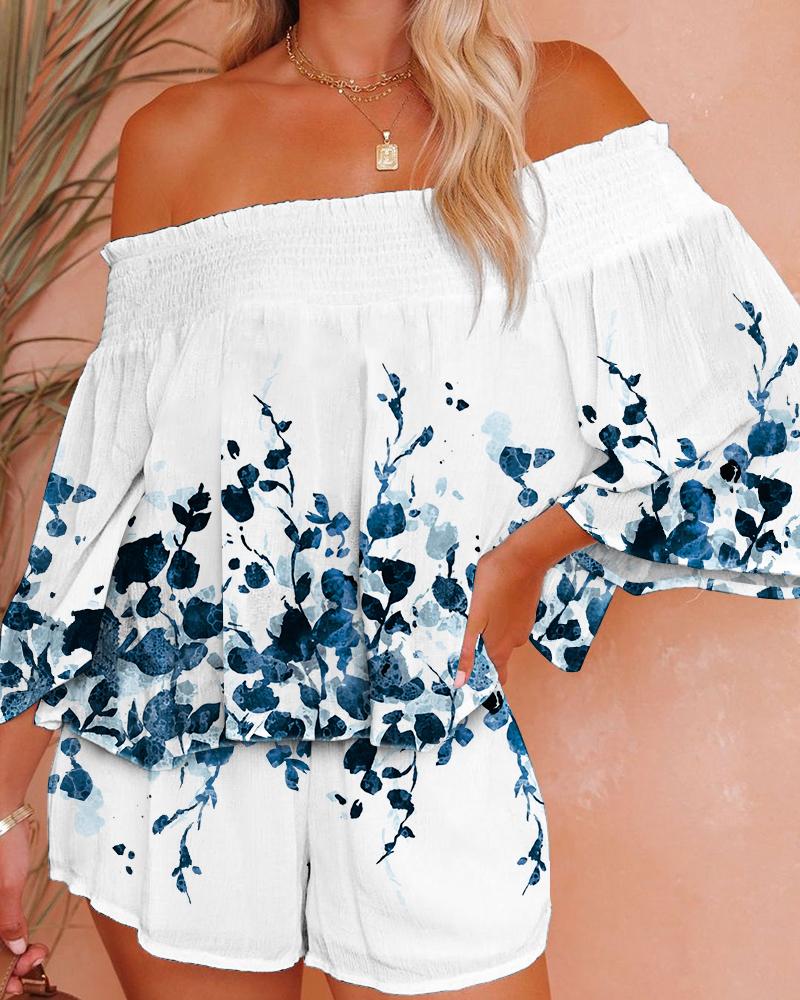 

Plants Print Off Shoulder Bell Sleeve Top & Shorts Set, Blue