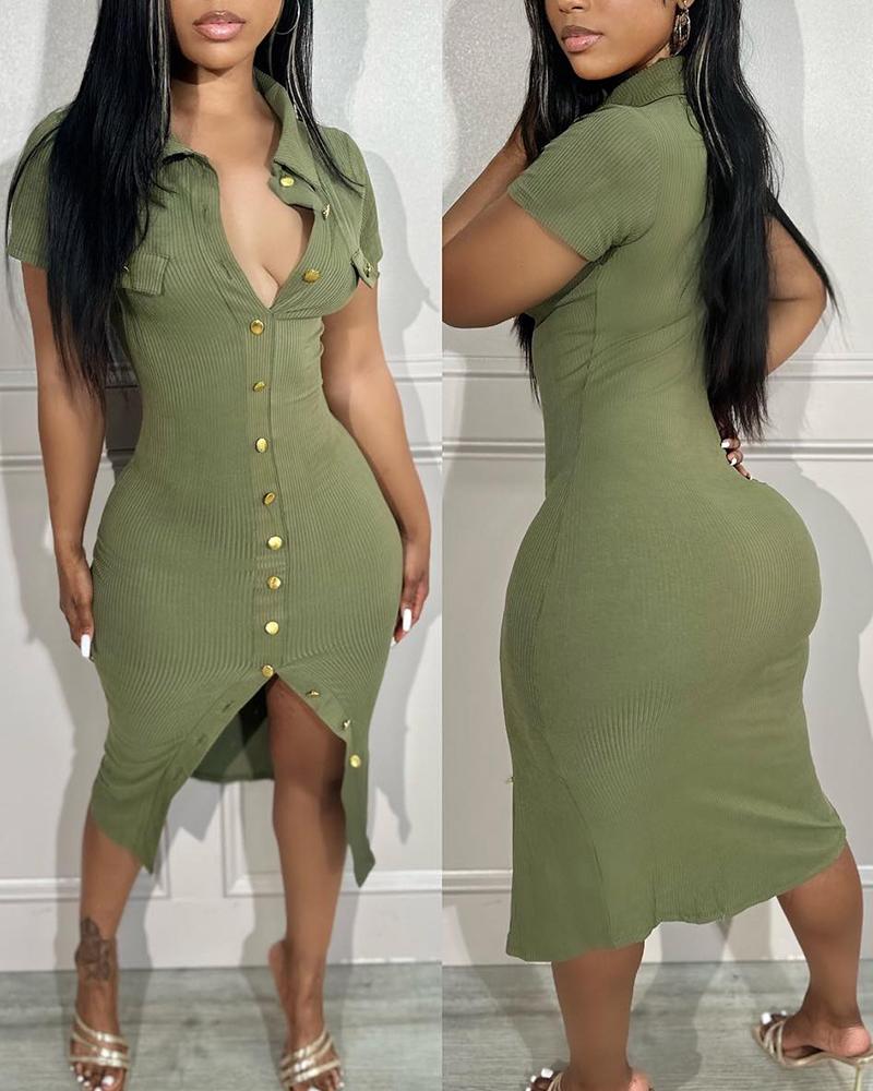 

Button Design Slit Casual Dress, Green