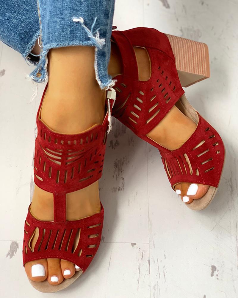 

Solid Hollow Out Chunky Sandals, Red