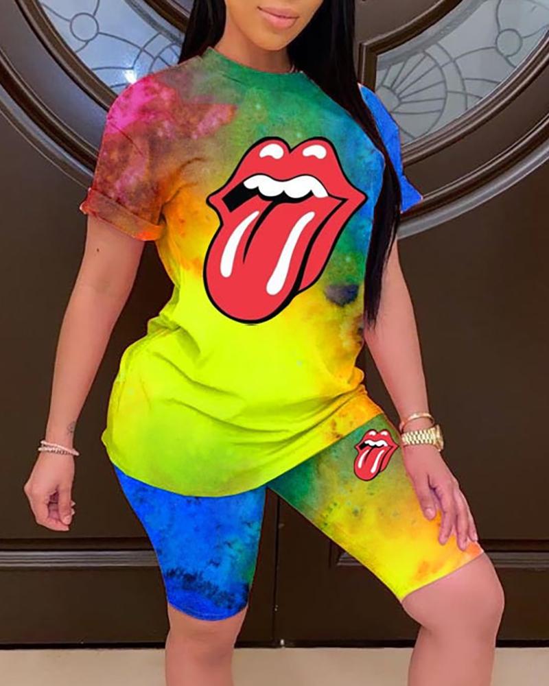 

Tie Dye Lip Print Casual Top & Short Set, Multicolor