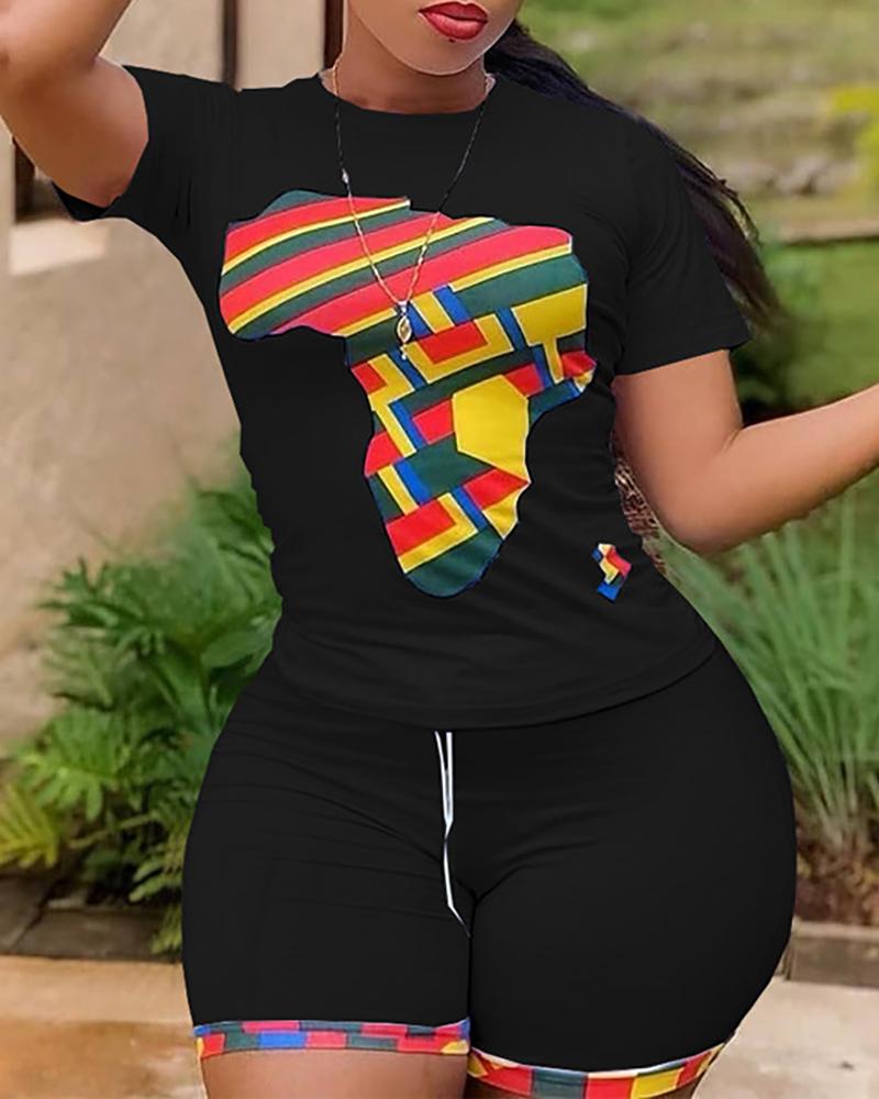 

Graphic Print Colorblock T-shirt & Shorts Set, Black