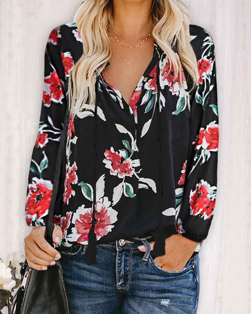 

Floral Print V Neck Casual Shirt, Black