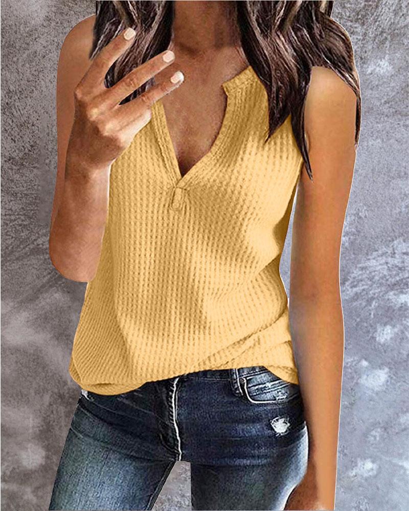 

V-Cut Waffle Knit Casual Tank Top, Yellow
