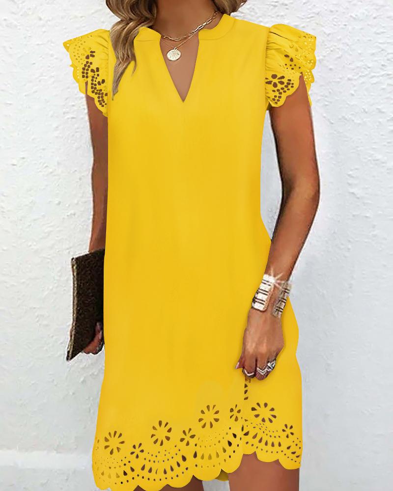 

Flutter Sleeve Eyelet Embroidery Casual Dress, Yellow