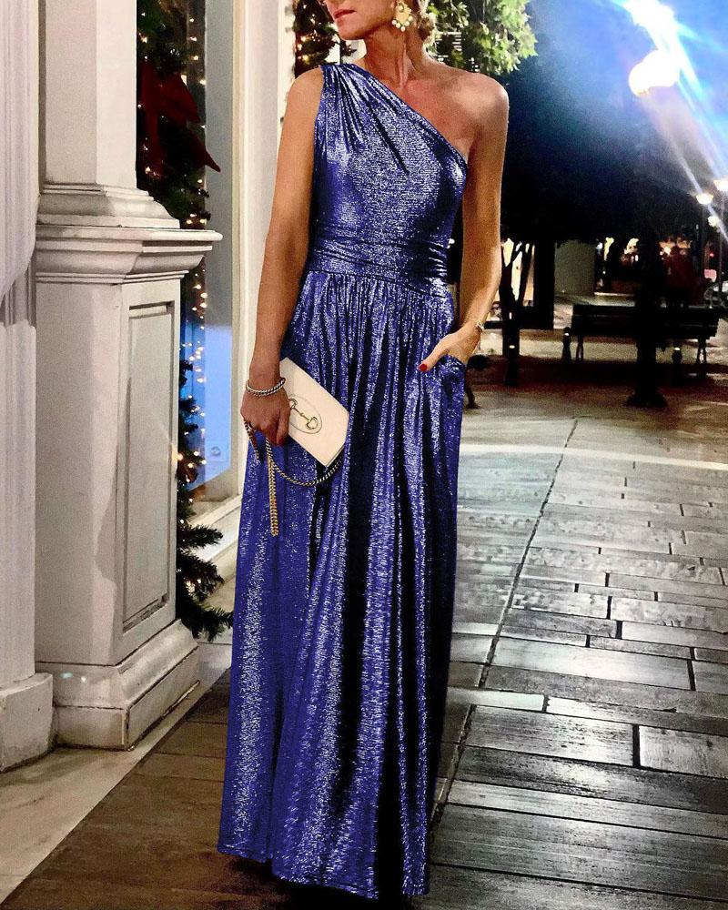 

Metallic Design One Shoulder Ruched Party Dress, Blue