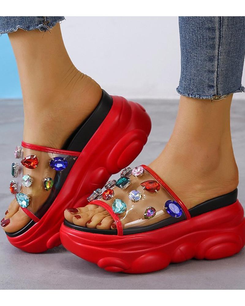 

Round-toe PVC Splicing Multicolor Rhinestone Platform Slippers, Red