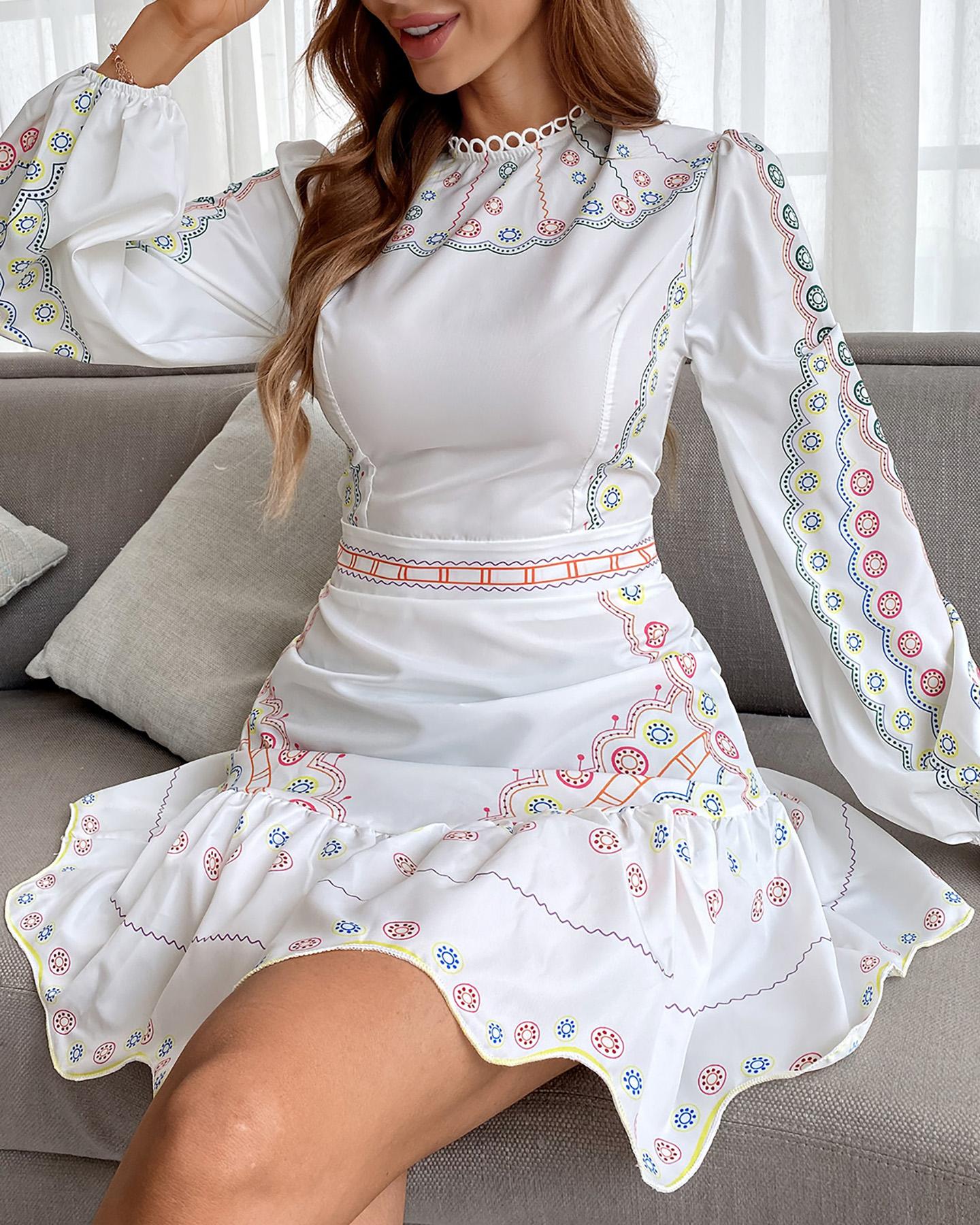 

Lace Trim Colorblock Lantern Sleeve Dress, White