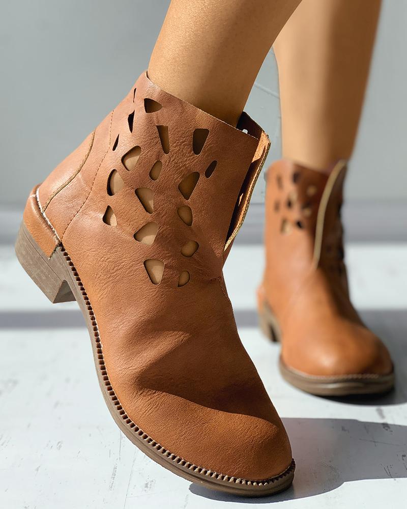

Cutout Zipper Design Chunky Ankle Boots, Brown