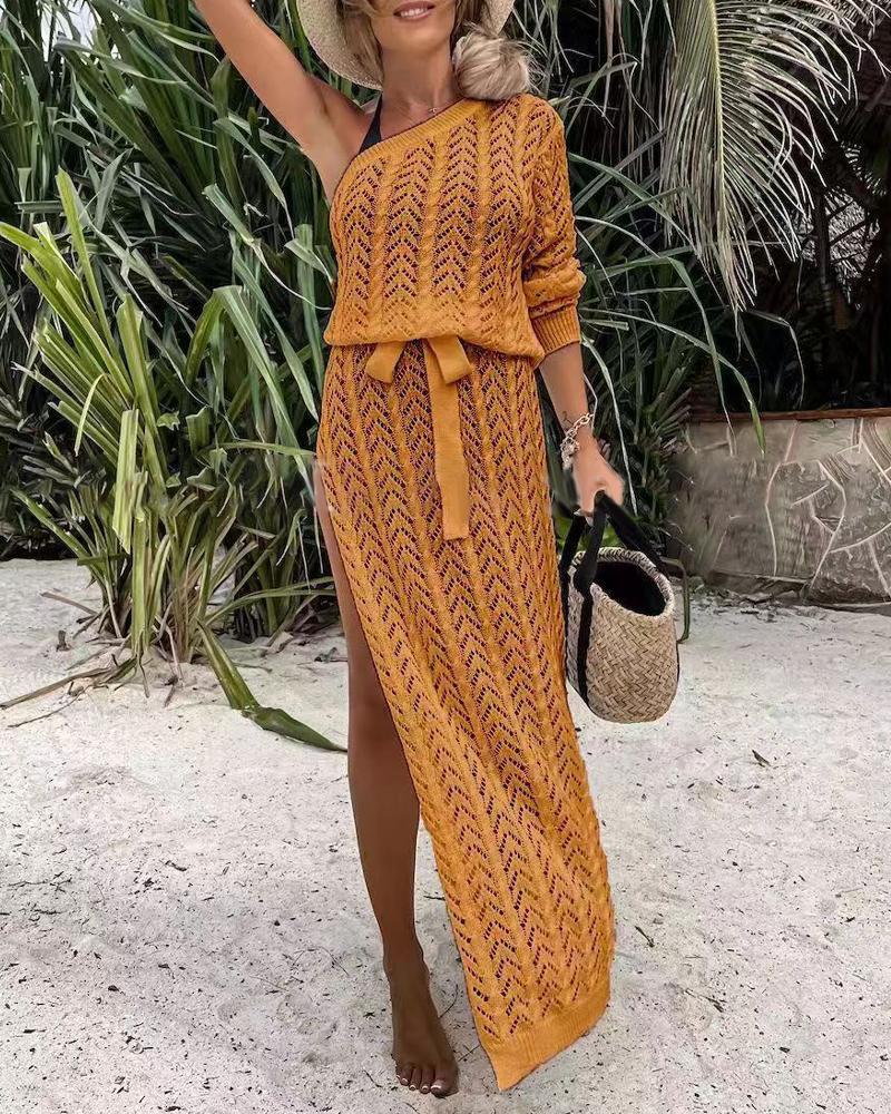 

One Shoulder High Slit Hollow Out Crochet Cover Up Beach Dress, Yellow