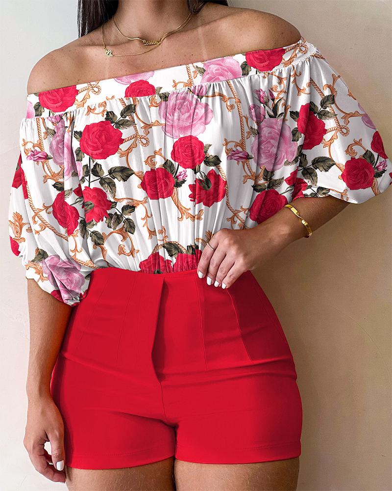 

Floral Print Ruched Off Shoulder Top & Shorts Set, Red