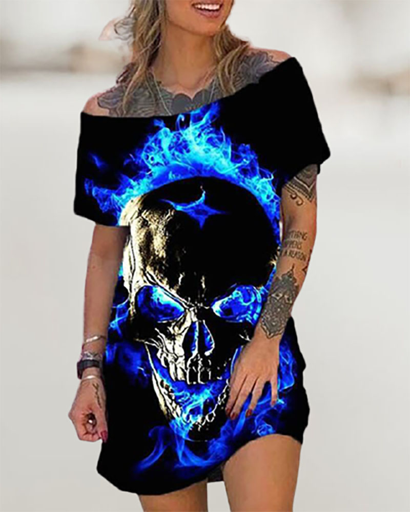 

Halloween Off Shoulder Skull Fire Print T-shirt Dress, Black
