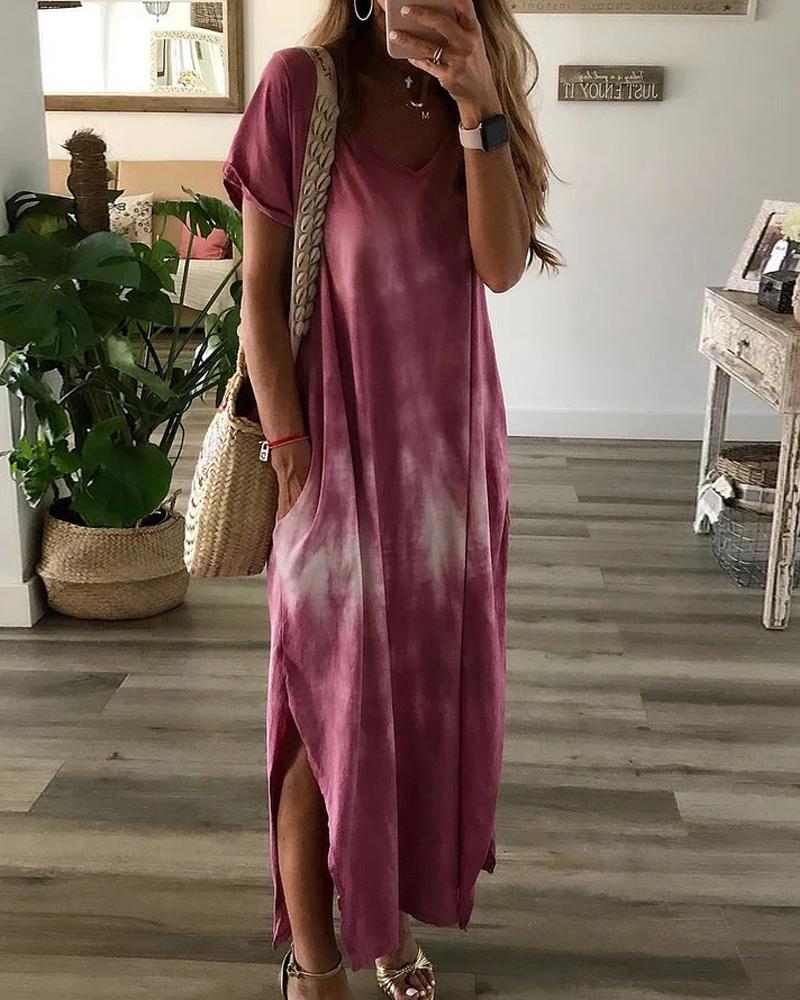 

Tie Dye Print Split Hem Pocket Design Casual Dress, Wine red