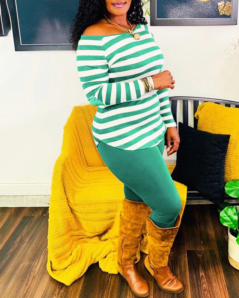 

Striped Long Sleeve Top & Pants Set, Army green