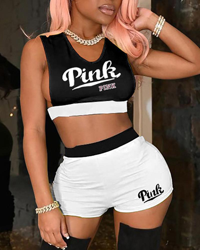 

Letter Print Colorblock Crop Top & High Waisted Shorts Set, Black