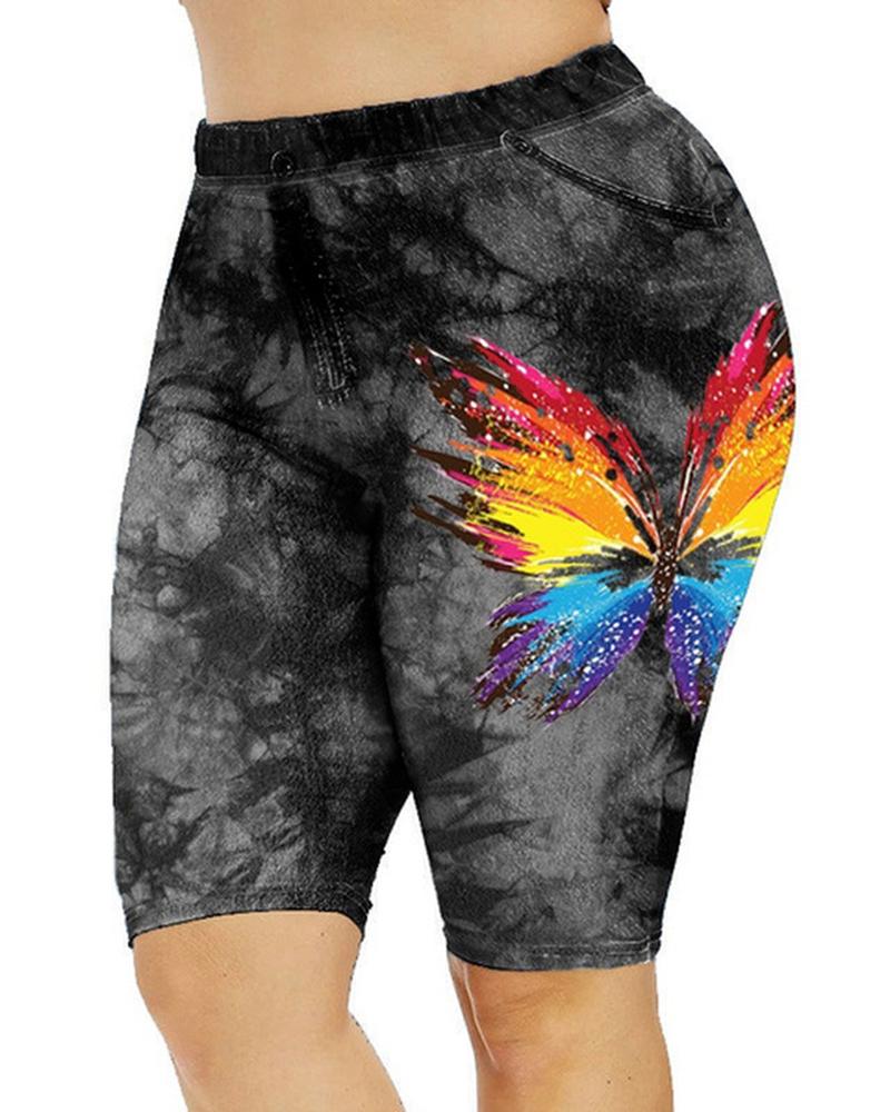 

Tie Dye Butterfly Print Sports Leggings Yoga Shorts, Black