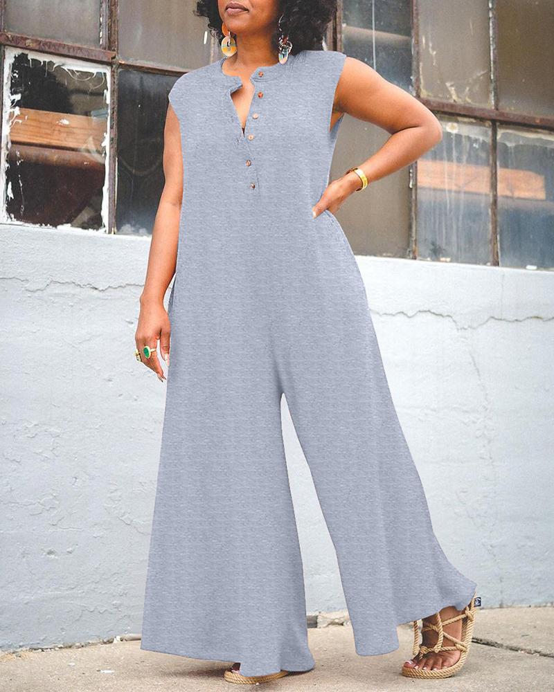 

Plus Size Buttoned Sleeveless Wide Leg Jumpsuit, Gray