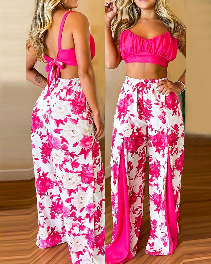 

Ruched Crop Cami Top & Floral Print Wide Leg Pants Set, Hot pink