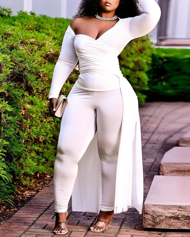 

Plain Wrap Long Sleeve Irregular Top & Pants Set, White