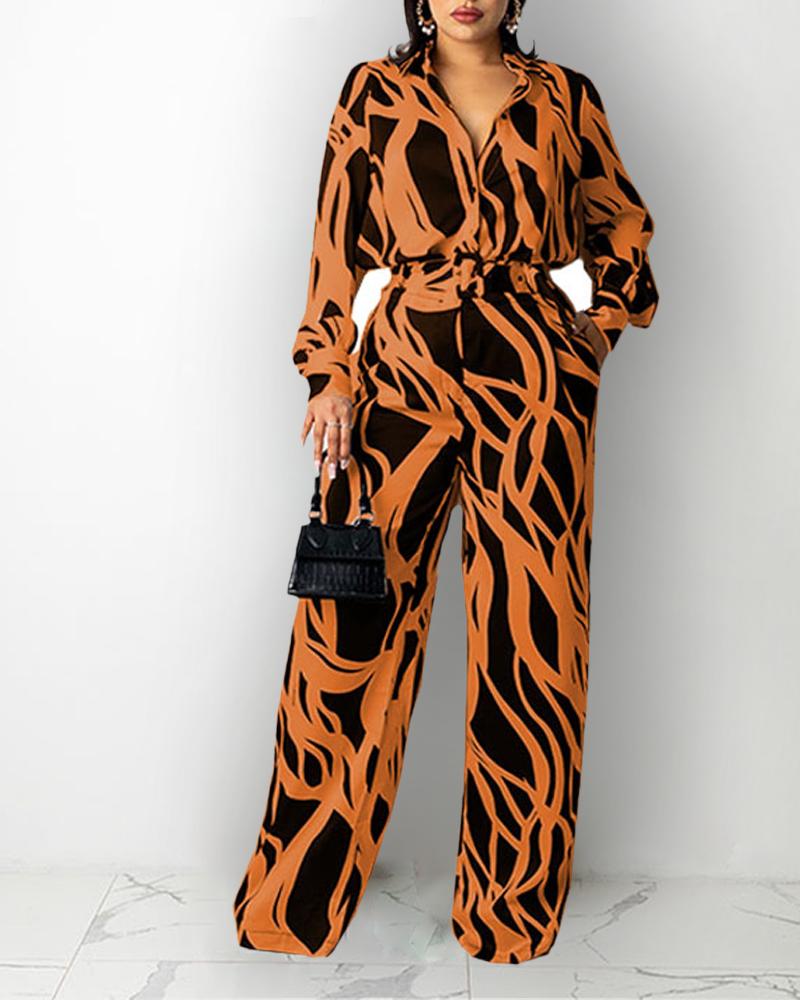 

Abstract Print Button Front Pocket Detail Wide Leg Jumpsuit, Yellow