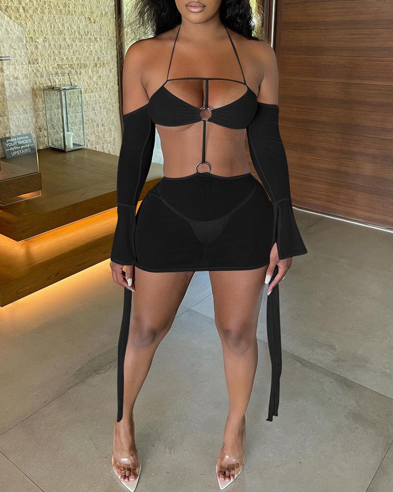 

O-Ring Cutout Halter Sheer Mesh Bodycon Dress, Black