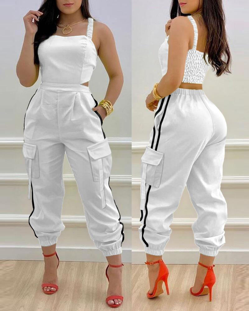 

Contrast Paneled Square Neck Sleeveless Jumpsuit Casual Shirred Pocket Design Cargo Romper, White