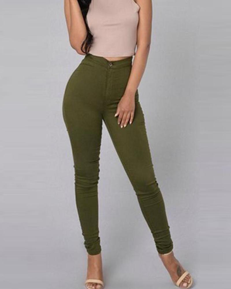 

Solid Skinny Pencil Feet Pants, Green