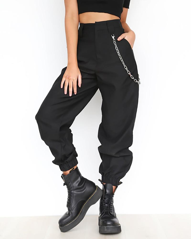

Chain Decor Pocket Design Solid Cargo Pants, Black
