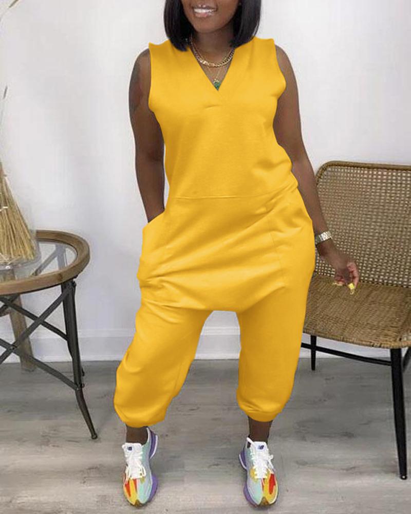 

Sleeveless Pocket Design V-Neck Jumpsuit, Yellow