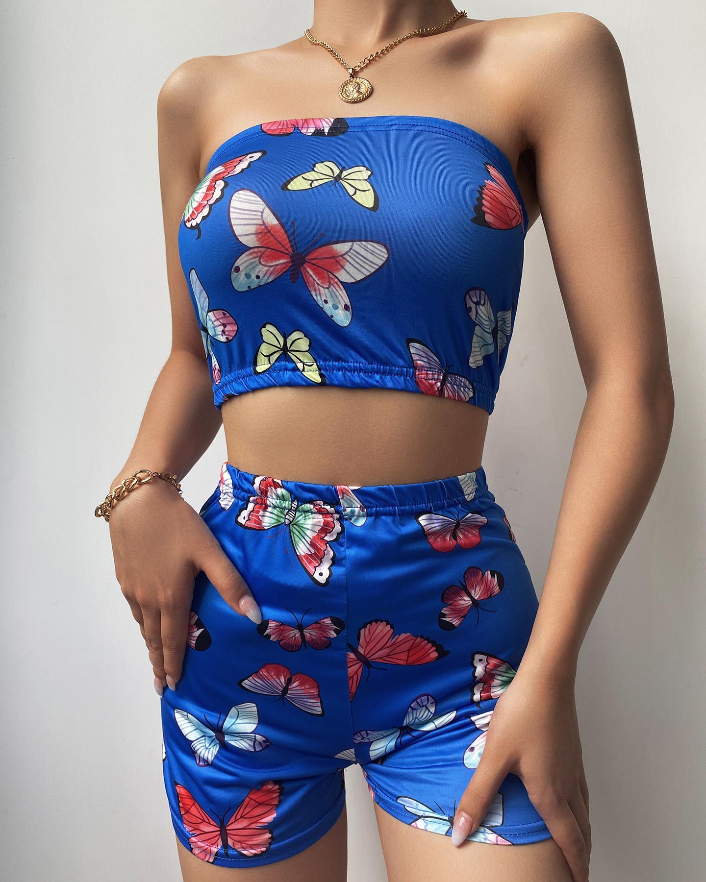 

Butterfly Print Sleeveless Skinny Bandeau With Shorts Suit Sets, Dark blue
