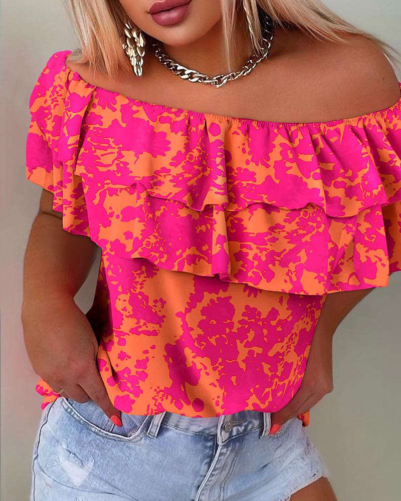 

Allover Print Off Shoulder Ruffle Hem Top, Hot pink