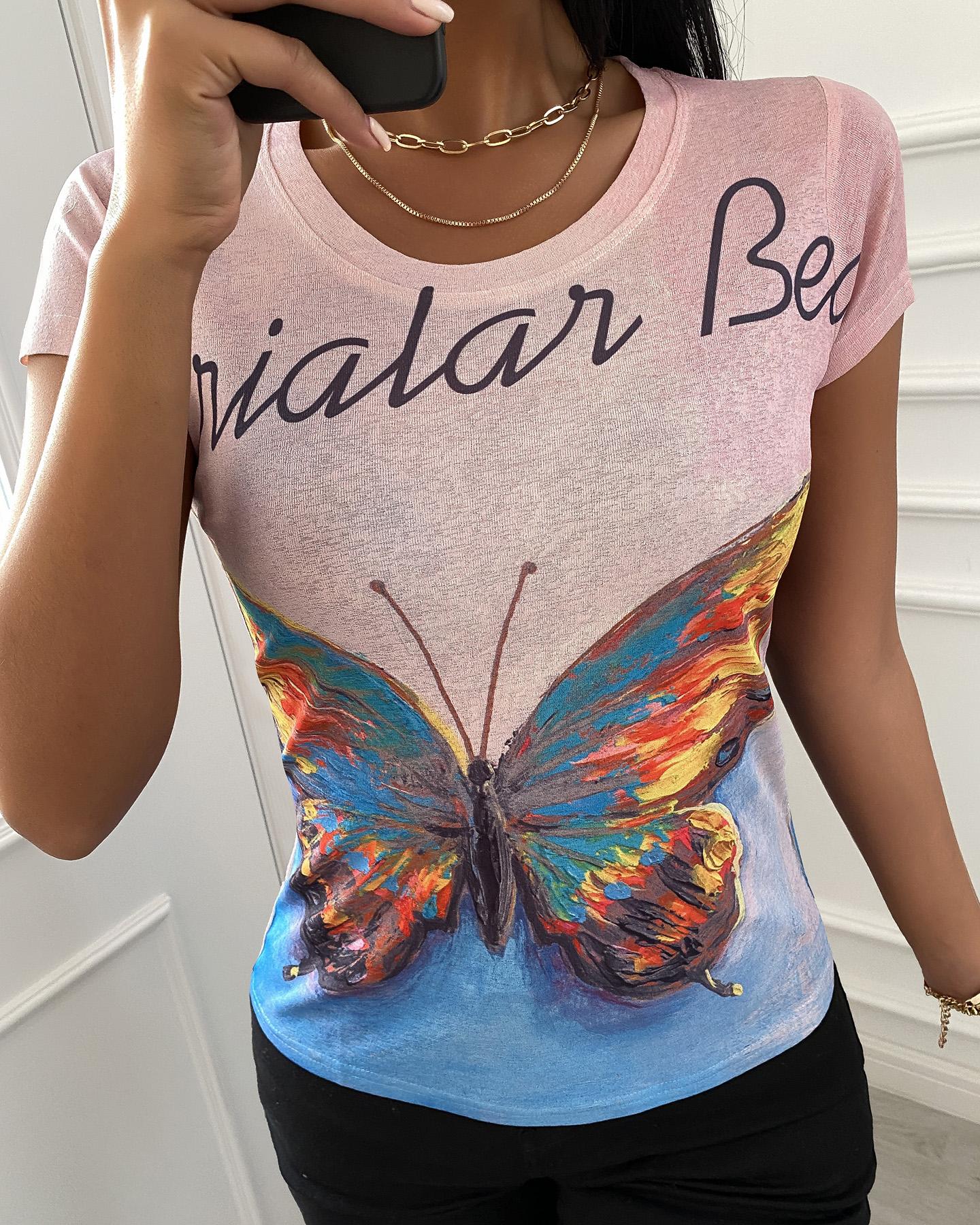 

Letter Butterfly Print Short Sleeve T-shirt, Multicolor