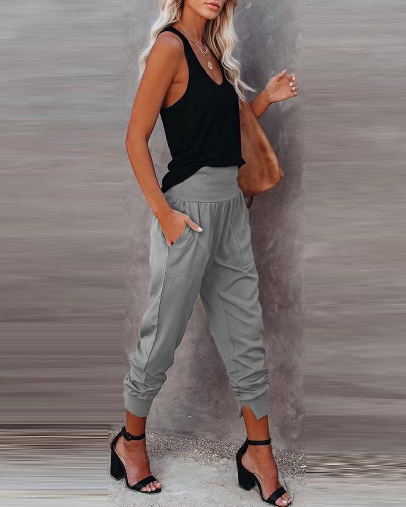 

High Waist Pocket Design Casual Pants, Gray