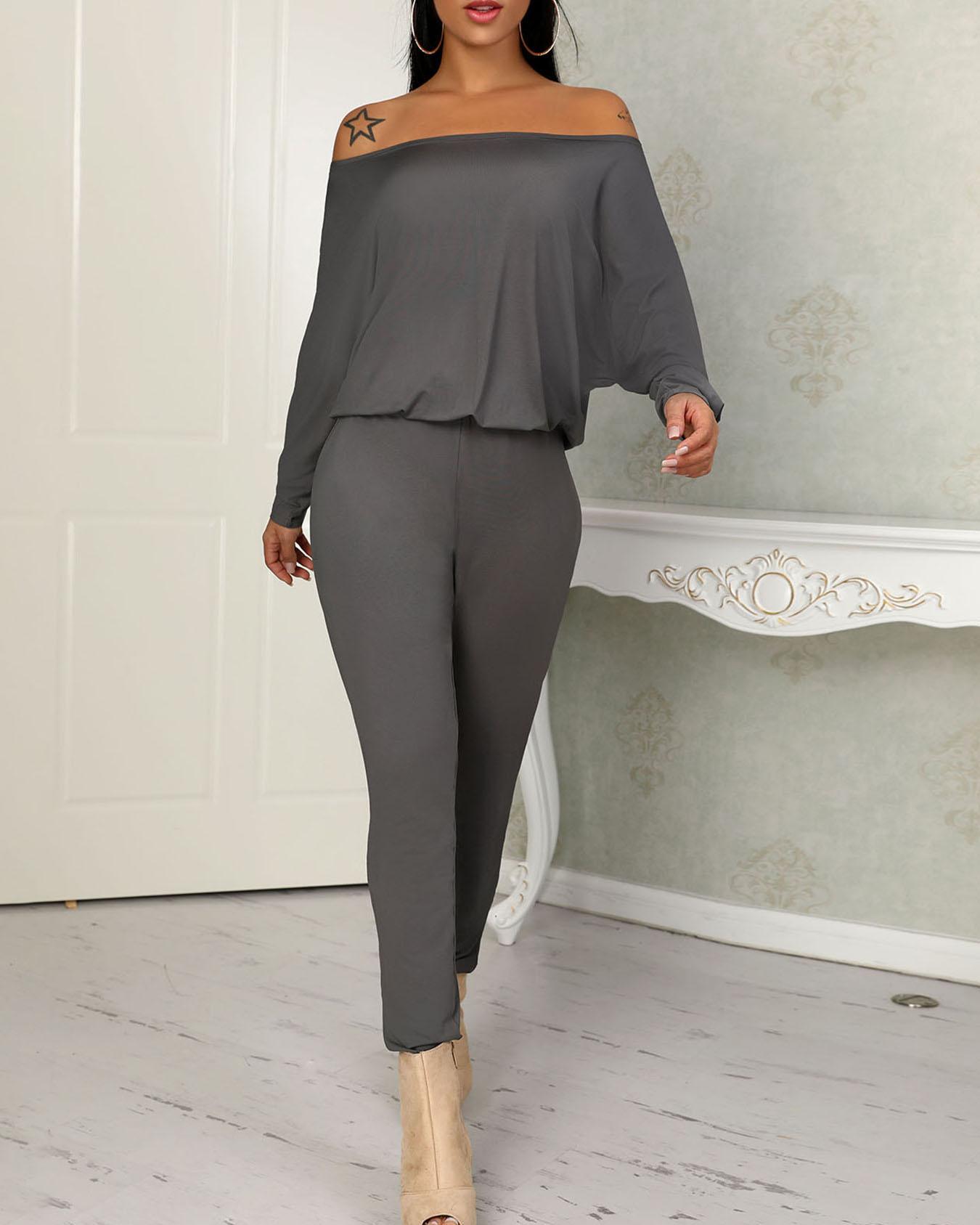 

Fashion Solid Off Shoulder Shirring Waist Jumpsuit, Dark grey