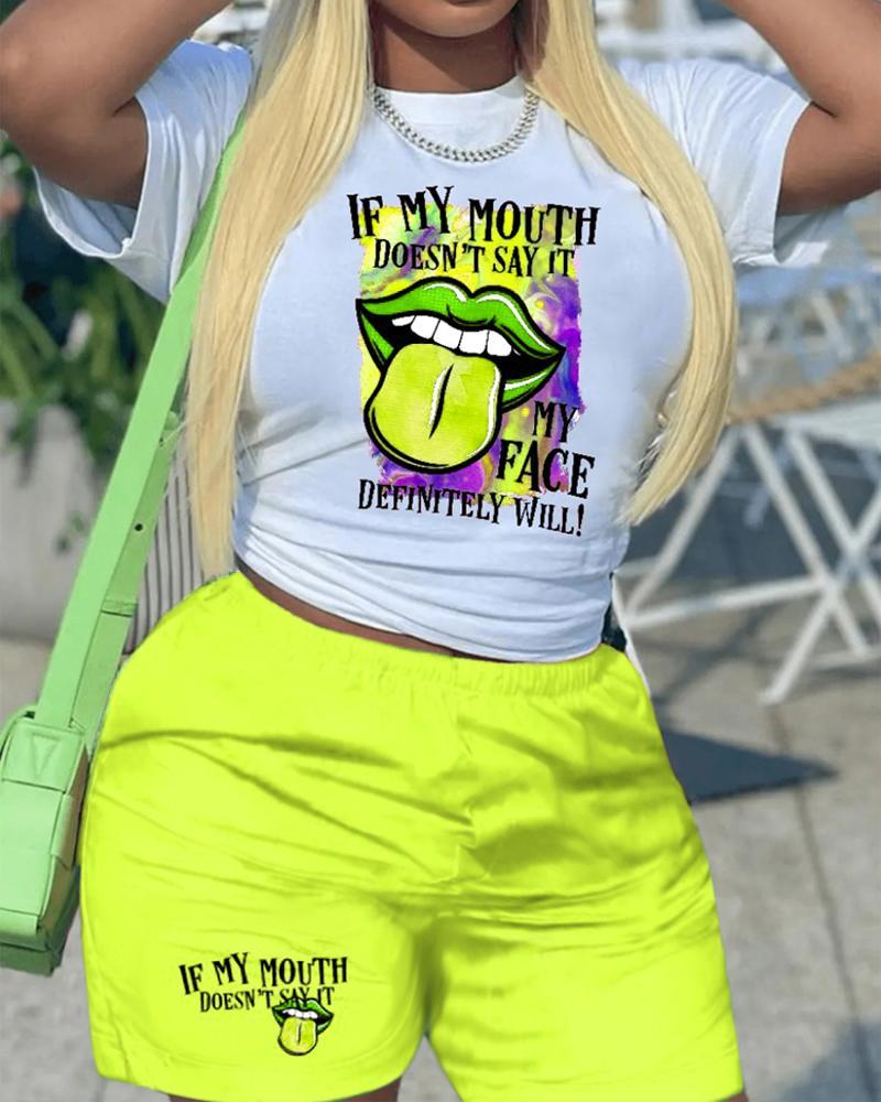 

Lip Tongue Letter Print Short Sleeve Top & Shorts Set, Neon