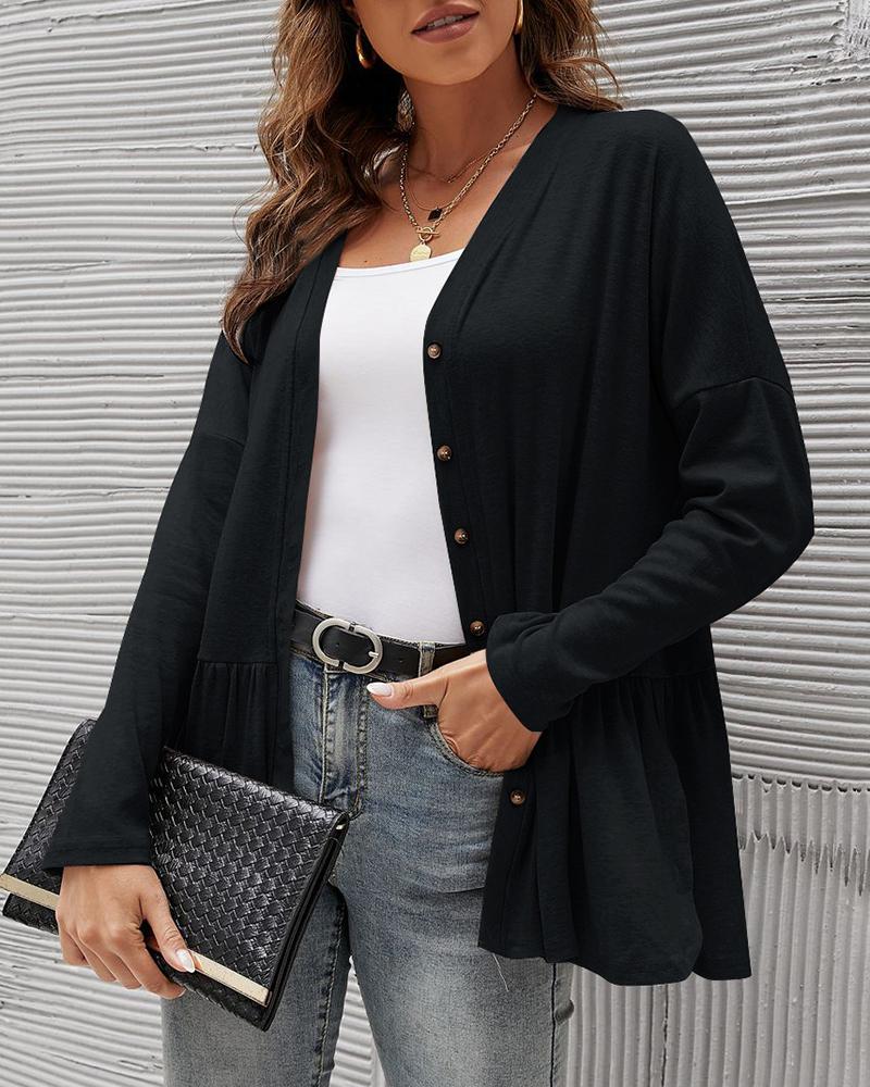 

V Neck Long Sleeve Button Design Coat, Black