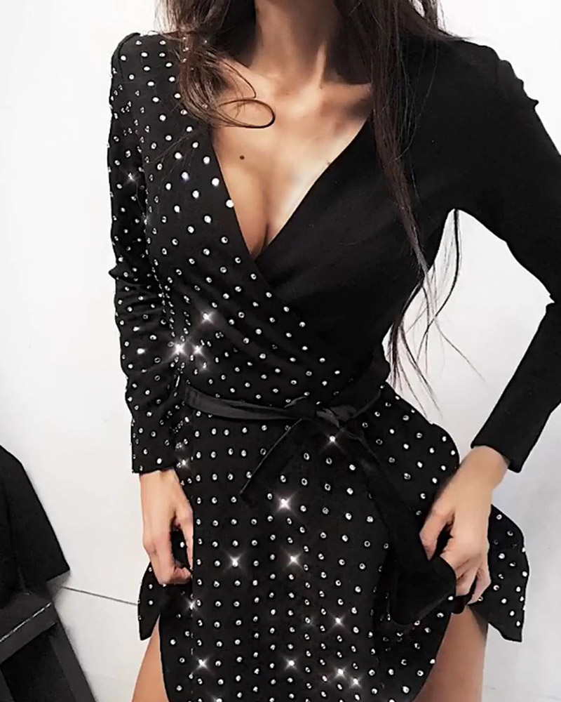 

Rhinestone Wrap Cinched Waist Long Sleeve Dress, Black