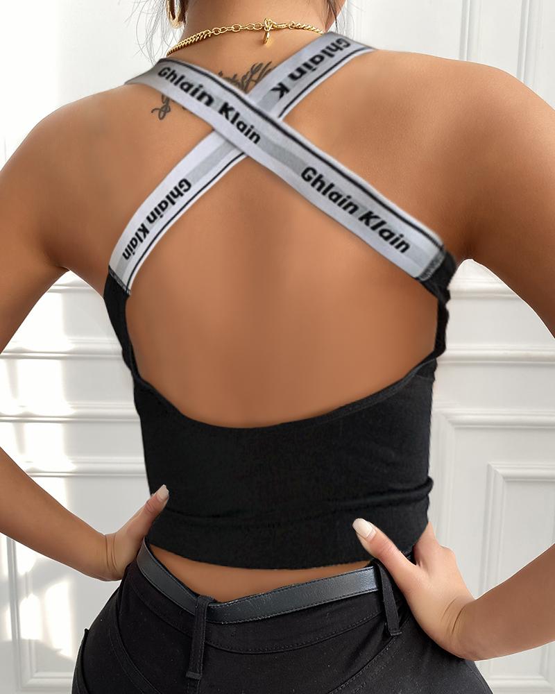 

Letter Banded Strap Cut-out Tanks, Black