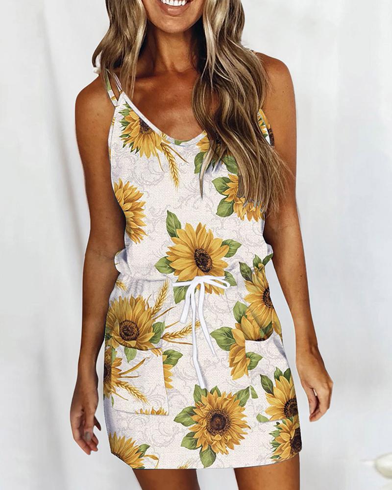 

Sunflower Print Drawstring Pocket Decor Cami Dress, Style1