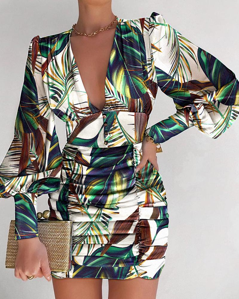 

Tropical Print Puff Lantern Sleeve Ruched Bodycon Dress, Multicolor