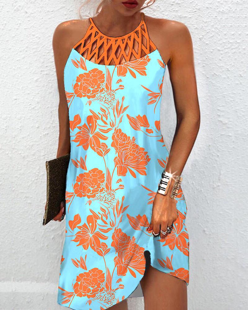 

Floral Plants Print Hollow Out Casual Dress, Blue