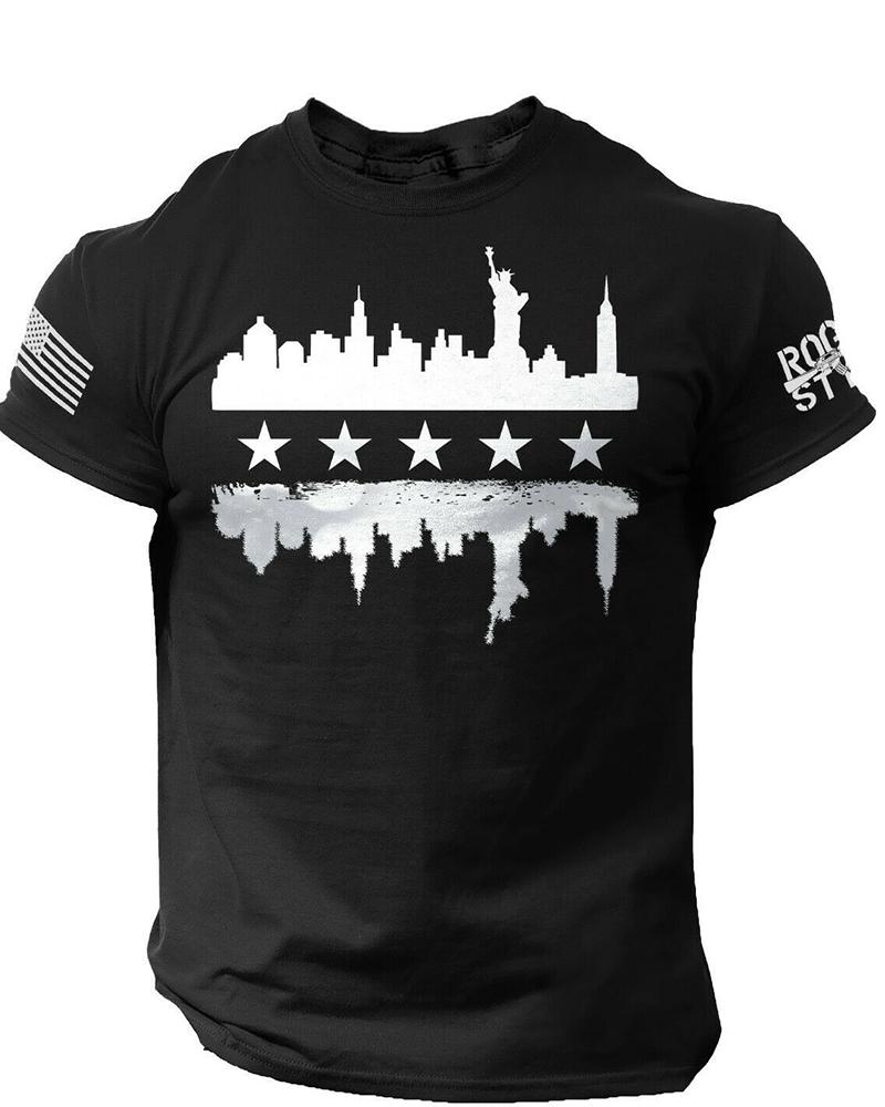 

National Flag & Five Star Print Short Sleeve T-shirt, Black