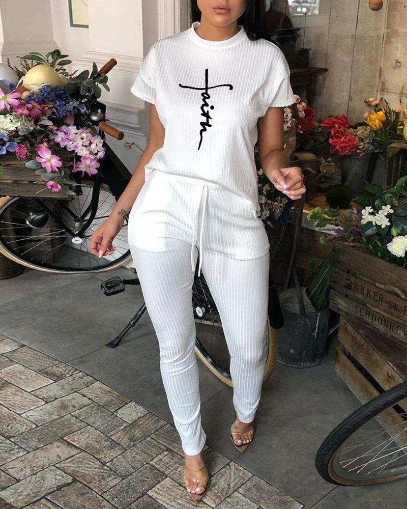 

Letter Print T-shirt & Pocket Design Drawstring Pants Set, White