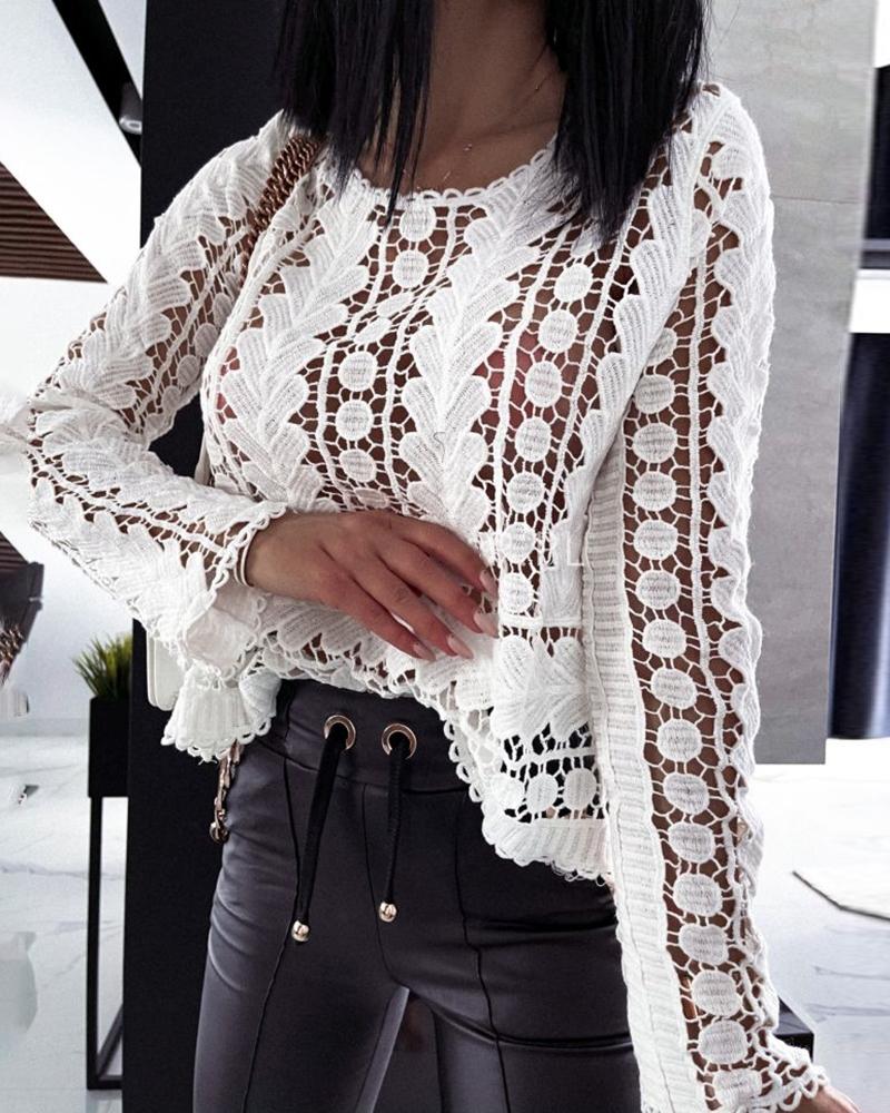 

Lace Cutout Bell Sleeve Cover Up Top, White
