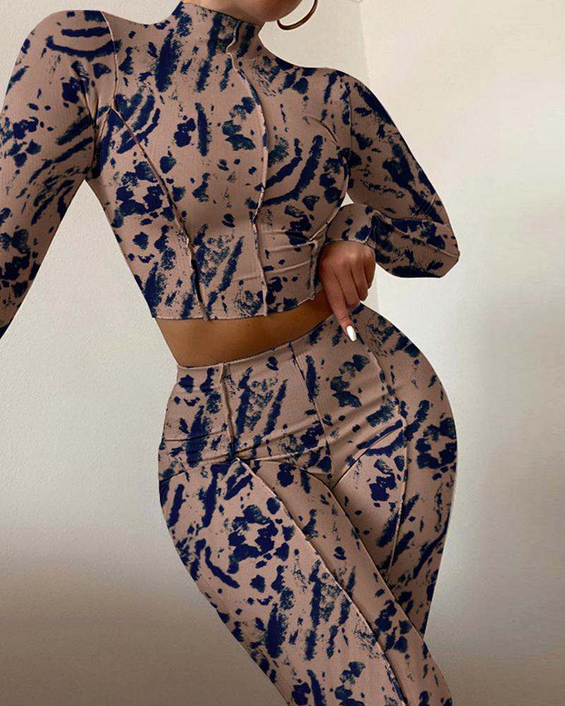 

Allover Print Long Sleeve Crop Top & High Waist Skinny Pants Set, Brown